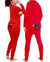 Мужской Цельный красный flapjack пижамы стыковой клапаном пижам для всей семьи, 100 хлопок в рубчик цельный падение сиденья пижамный комплект
