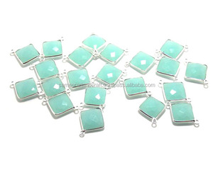 Bisel Chapado en plata 925 hecho a mano con conector de piedra natal de doble fianza con piedras preciosas de Calcedonia peruana Natural estilo bohemio - Product Image 2