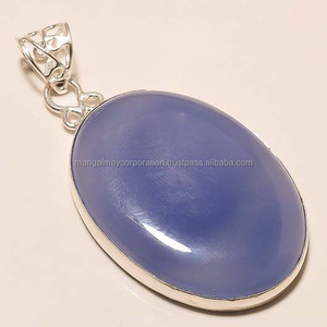Simple femmes bijoux ovale en forme d'agate bleue pendentif en pierres précieuses de haute qualité 925 argent lunette ensemble pendentif pour la fête porter des bijoux - Product Image 1