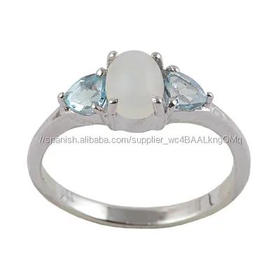 Al por mayor plata de ley 925 anillo de piedras preciosas de ópalo para las mujeres stud con topacio azul anillo de plata