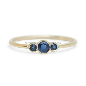 Couleur or jaune, 14k, offre spéciale Bague de fiançailles en pierre précieuse saphir bleu naturel, bijoux fait à la main, vente en gros