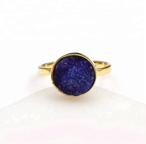 Bague en pierre précieuse bleue, druse, bijou de forme ronde à la mode, plaqué or, Agate, bleu marine - Product Image 1