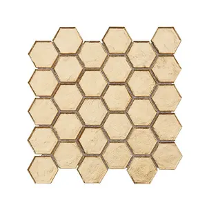 Kitchen Backsplash Wall Decoration Foil Backed Hexagon Gold Color Glass Mosaic Tile