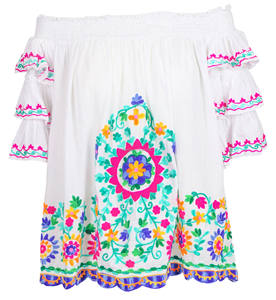 Logo personnalisé Disponible Boho 100% Coton Large Bande Élastique À Épaules Dénudées Coloré Broderie Large Volant Bandes Manches Chemisier - Product Image 2