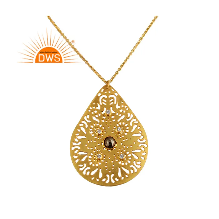 Cz and Pyrite Gemstone Pendant 18k Gold Plated Brass Chain Pendant Necklace Wholesale Fashion Jewelry