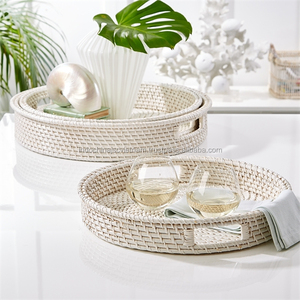Bandeja Redonda de Ratán Blanco Ecológica para Servir Alimentos, Bandeja de Madera para Servir Té con Asa, Venta al por Mayor - Product Image 3