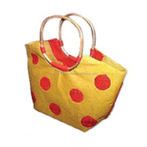 Yellow Jute Shopping <b>Bag</b> With Red Dots <b>Medium</b> <b>Size</b> Top Handle Groceries <b>Bag</b> - Product Image 2