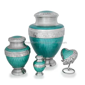 New Style Metal Cremation Urn Complete Set With Green Enamel Finishing Silver Engraved Design Best Quality For Funeral Services