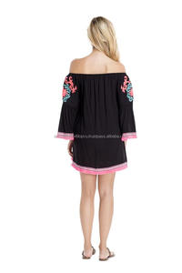 Estilo bohemio bellamente bordado playa Cover Up Kaftan vestido hombro frío de flecos en el Bajo de baño traje de baño deslizamiento en túnica - Product Image 3