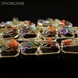 Natural Handmade Gemstone Life Tree Semi Precious Stone Rectangle Metal Pendant Tree of Life Pendant Gemstone - Product Image 3