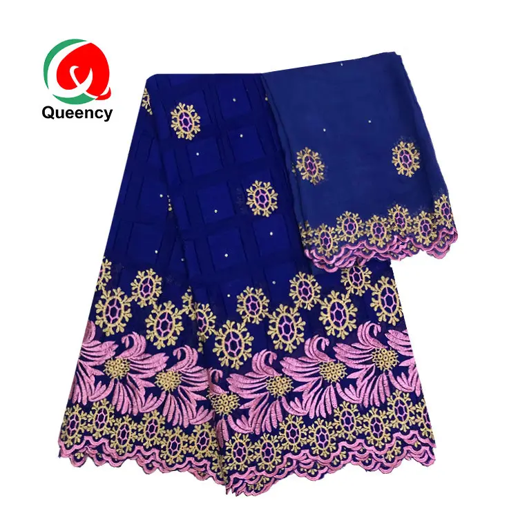 Queency High Quality African 100% Cotton Swiss Voile Lace Fabric Match Scarf Dubai Embroidery Flower Lace With Stones