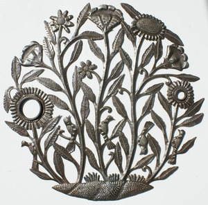 60cm Belle Déco Style Métal Extérieur Mur Art-Haitian Oil Drum Fair Trade Sculptures Elegant Floral Design - Product Image 1