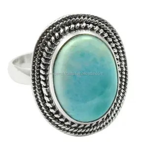 Chameliwala Market Jaipur Silver Ring Supplier Larimar Smooth Round 925 Sterling Silver Gemstone Ring