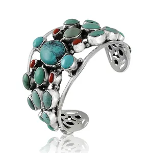 Bracelet de manchette en argent sterling 925, véritable corail et turquoise, taille libre, vente en gros, fournisseurs de bijoux indiens - Product Image 1