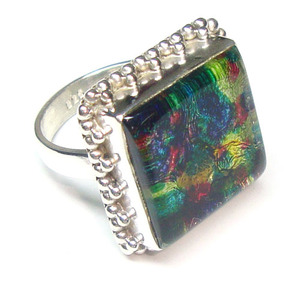 925 Sterling Silver Eternity Vermeil Women's <b>Ring</b> with Multi-Colour Dichroic Glass Bezel Setting Fine Gemstone <b>Rings</b> - Product Image 1