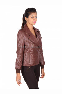 Chaqueta de cuero de cabra genuina marrón real de motorista hecha a medida para mujer chaquetas de mujer de estilo Kora Europa transpirables suaves - Product Image 4