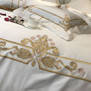 Cotton Trắng Màu Luxury Hotel Bedding Set Vàng Thêu Bed Sheet Set Duvet Cover Vua - Product Image 1
