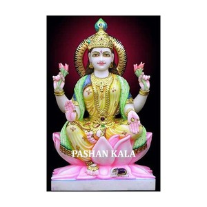 หินอ่อนสีขาวทำด้วยมือ Maa Laxmi รูปปั้นที่มีสีสันสวยงาม - Product Image 1