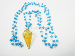 24 Inch Long 3-4mm Turquoise Bead Chain <b>Necklace</b> With <b>Citrine</b> Quartz Pendulum <b>Necklace</b> - Gemstone Pendulum <b>Necklace</b> - Product Image 2
