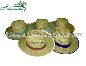 หมวกคาวบอยฟางหญ้าทะเลธรรมชาติพร้อมลวดลายและริบบิ้นและอุปกรณ์เชือก - Product Image 1