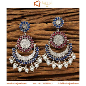 Boucle d'oreille naturelle à Design Floral en plaqué Rhodium, avec perle imitation bleue, 8797 - Product Image 1