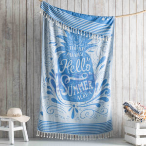 Hello Summer Blue Turkish <b>Towel</b> 100% Cotton - Picnic Beach <b>Blanket</b>, Bed Cover, Multiple Use Jacquard - Product Image 2
