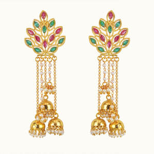 Pendientes Jhumka dorados perfectamente terminados para ropa de boda-10772 - Product Image 3