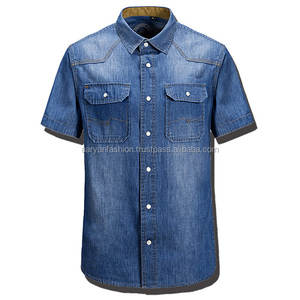 Camisa de manga corta para hombre, prenda vaquera ajustada con cuello de banda 100% de algodón de alta calidad, estilo Formal e informal - Product Image 1