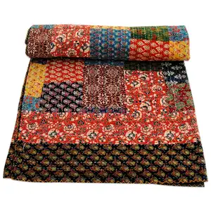 Indische Hand Block bedruckte Baumwolle Kantha Patchwork Quilt Bettwäsche Tages decke Großhandel