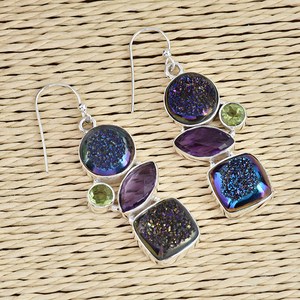 Trendy Marquise Amethyst Druzy Gemstone 925 <b>Sterling</b> <b>Silver</b> Bezel Setting Ear <b>Wire</b> Dangle Earrings for Women Wedding Party Gift - Product Image 3