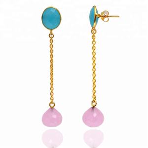 Chapado en oro antiguo hecho a mano Vintage sólido 925 plata esterlina Natural Aqua & Pink Calcedonia pendientes joyería para ella al por mayor - Product Image 3