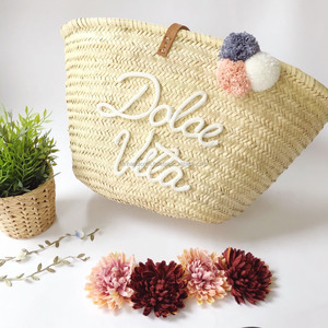 Personalized with Tassels and Words in Knitting <b>Beach</b> Basket / Wicker Basket - Product Image 1