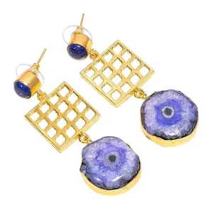 Boucles d'oreilles en laiton, Lapis, Quartz solaire, de Style moderne, bijoux en laiton plaqué or, Design indien - Product Image 1