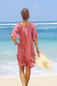 Made With Love Classic Rust <b>Pink</b> & White Contrast Ruffle Hem Bell Sleeve Embroidered Tunic Hot Sale European Style Mini Dress - Product Image 2