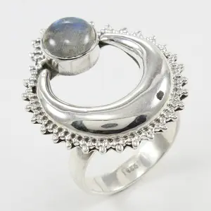 Trendy Half Crescent Moon dengan Bulat Labradorite 925 Sterling Silver Cincin Buatan Tangan Grosir Bohemian Mode Cincin Perhiasan