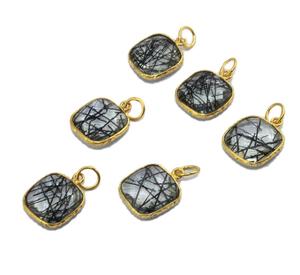 Colgante de cuarzo con forma de rutilo negro natural, conector chapado en oro de latón de 24k, ajuste de bisel - Product Image 2