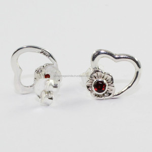 Unisex 925 Sterling <b>Silver</b> Vintage <b>Heart</b>-Shape <b>Stud</b> <b>Earrings</b> with Garnet for Wedding Party Engagement Anniversary Gift India - Product Image 2