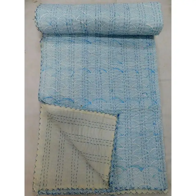 Indian handmade kantha quilt queen size 100% cotton hand block wifi print bedspread blanket coverlets bed sheet