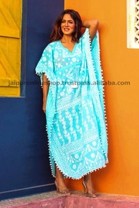 ชุดเดรสลำลองผ้าคอตตอนผ้า Kaftan ปักด้วยรอบเอวธรรมชาติดีไซน์เนอร์แฟชั่นล่าสุด - Product Image 3