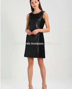 優れた黒女性用レザードレスバルク半袖フィットフリル裾ネックストラップ中空装飾ダイヤモンドラムスキンレザー - Product Image 3