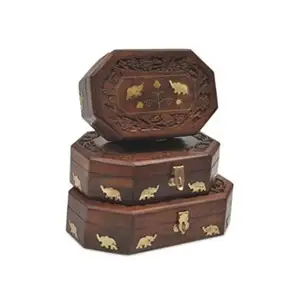 CH Nautical decor carving wooden box jewelry box set of 3 size fancy box with brass inlay CHWOOD01