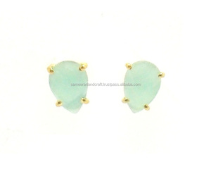 <b>Handmade</b> Aquamarine Gemstone Stud <b>Earrings</b> Gold-Plated Prong Setting Pear Cut Faceted Design Party Gift for Her - Product Image 2