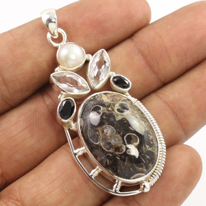Natural Turritella Jasper & Other Gemstones <b>Pendant</b> 925 Solid Sterling Silver Amazing <b>Pendant</b> Fine Faishonable Jewelry - Product Image 1