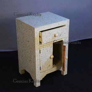Mesita de noche con incrustaciones de hueso de estilo indio moderno y mesa auxiliar, muebles de dormitorio de madera con incrustaciones de madreperla para el hogar y la sala de estar - Product Image 3
