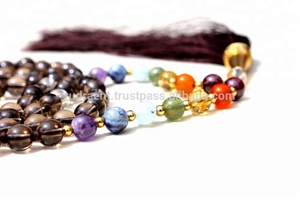 Collier de perles de mala 7 chakras avec pompon, perles de prière en cristal de quartz fumé pour homme, pierres de guérison, 108 perles naturelles polies de 6 mm - Product Image 5