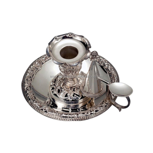 เชิงเทียนทองเหลืองโบราณทรงกลมพร้อมที่ดับเทียน ทำด้วยมือ - Product Image 3