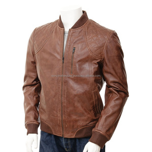 Chaqueta Bomber de Cuero Vacuno Marrón Claro de Alta Calidad para Hombre, para Otoño e Invierno - Product Image 1