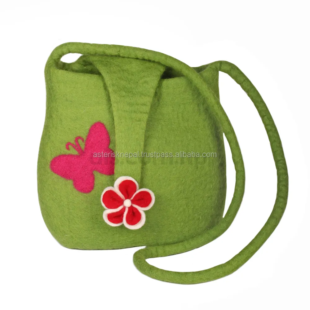 Venta al por mayor de las mujeres de la mano de fieltro bolso de hombro-Nepal Fabricación de fieltro verde bolso-lana fieltro mercado bolso para mujer