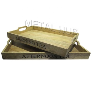 Elegante bandeja de servicio personalizable de madera de mango rectangular y forma hexagonal para el almacenamiento en el hogar de té y otros artículos - Product Image 1