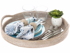 Bandeja Redonda de Ratán Blanco Ecológica para Servir Alimentos, Bandeja de Madera para Servir Té con Asa, Venta al por Mayor - Product Image 2